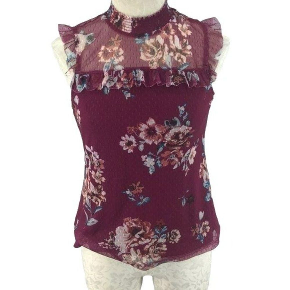No Boundaries Woman's Burgundy Floral Print High Neck Blouse Size Medium